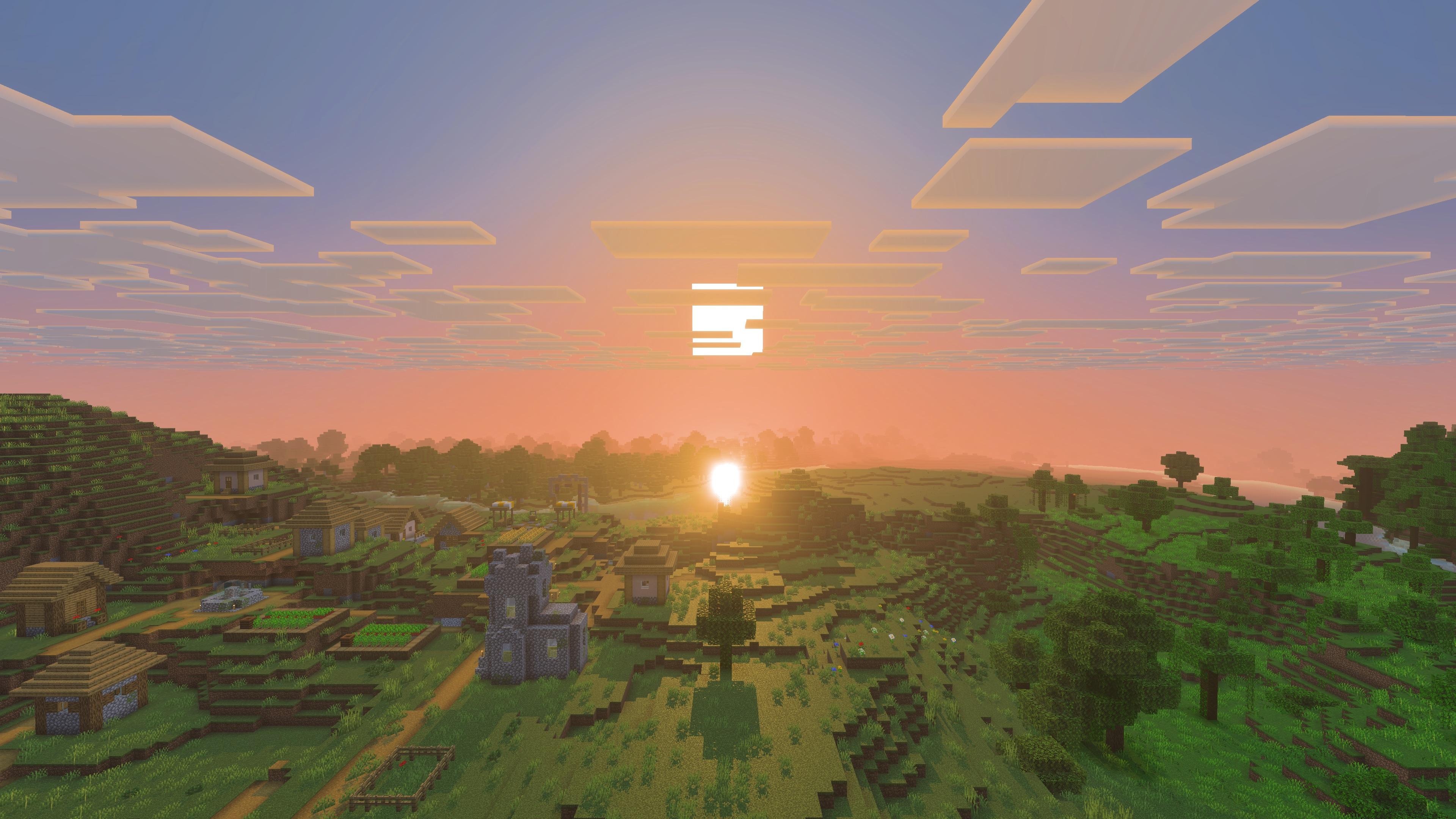 Закат над деревней в Minecraft