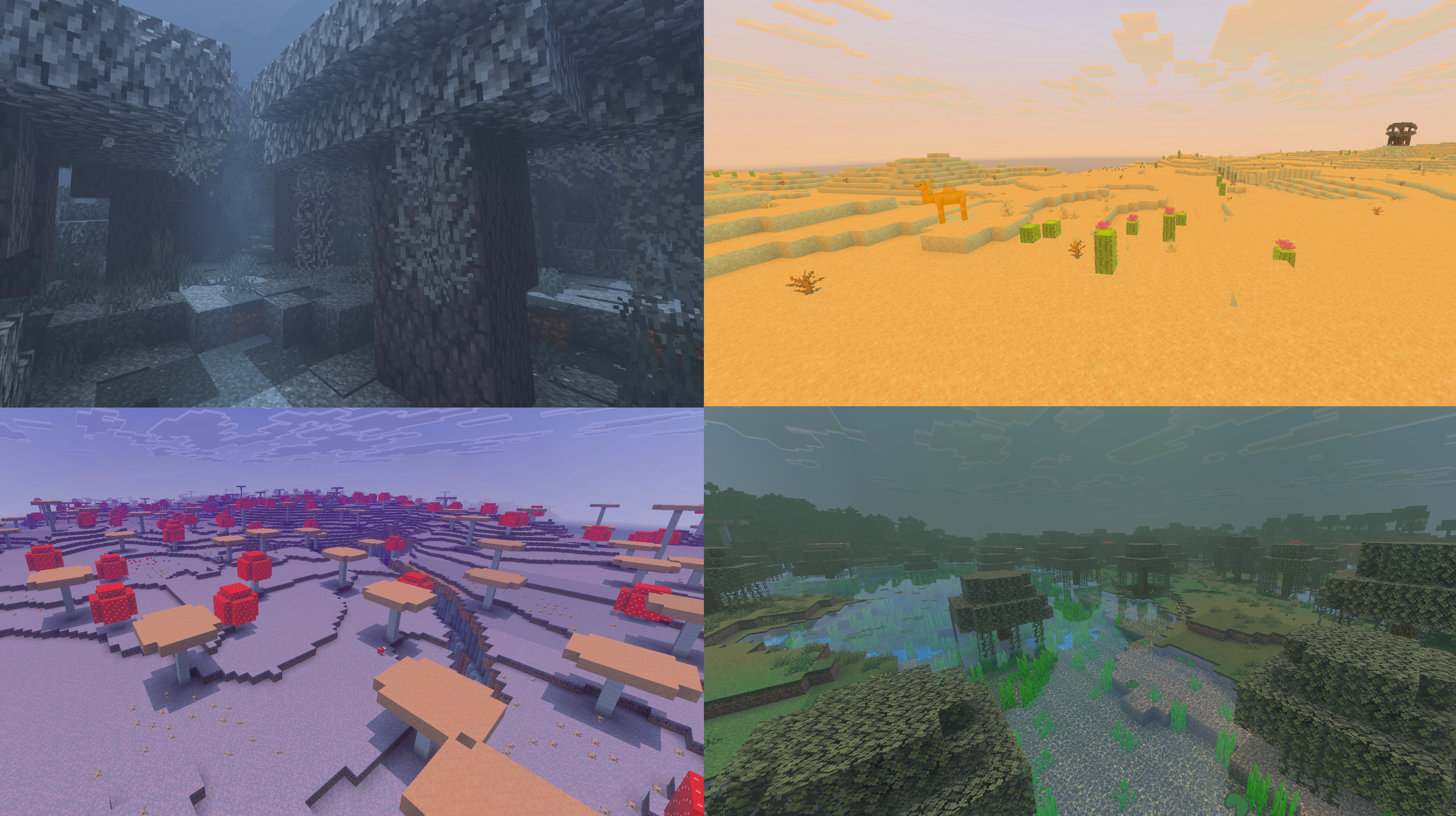 Четыре атмосферных пейзажа Minecraft: тёмный лес, пустыня, грибной биом и болото